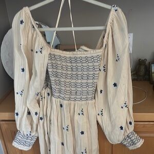 Free People Cream and Blue Embroidered Jumpsuit